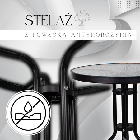 Zestaw mebli ogrodowych stół okrągły szklany i 4 krzesła metalowe na taras balkon czarne 