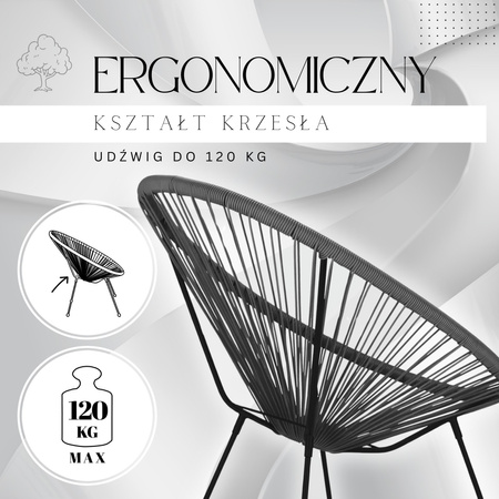 Rattanowy fotel ogrodowy, wys. 86 cm ażurowe krzesło owalne na zewnątrz, szary