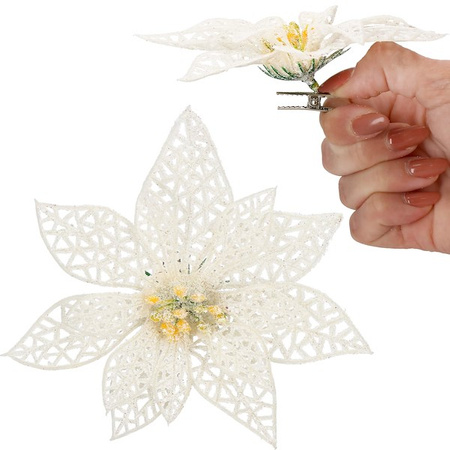 Poinsecja sztuczny kwiat, gwiazda betlejemska ażurowa biała z brokatem