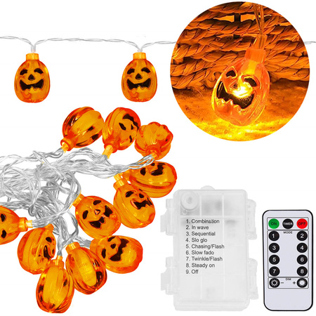 Dekoracja na Halloween łańcuch świetlny dynie girlanda na baterie i pilota 20 LED