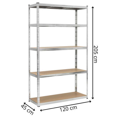 Regał magazynowy 205x120x45 cm 1000 kg 5 półek metalowy garażowy do spiżarni regulowany