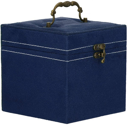Szkatułka na biżuterię 12x12x12 cm granatowy kuferek z przegródkami welurowy