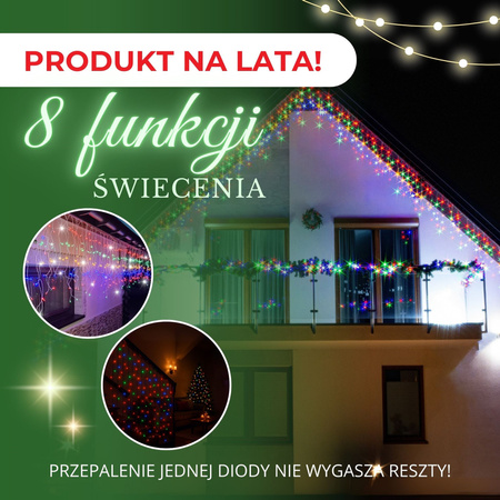 Kurtyna świetlna 500 led girlanda, lampki wewnętrzno-zewnętrzne sople multikolor