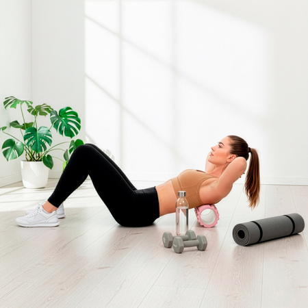 Roller fitness do masażu ciała, średnio twardy, wałek z wypustkami, różowy