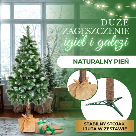 Sztuczna choinka na pniu 220 cm ośnieżona sosna diamentowa ze stojakiem i jutą premium