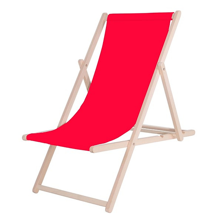 Leżak plażowy składany, drewniany z czerwonym materiałem