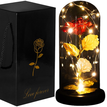Wieczna róża w kloszu 22 cm świecąca ozdoba LED prezent czerwona