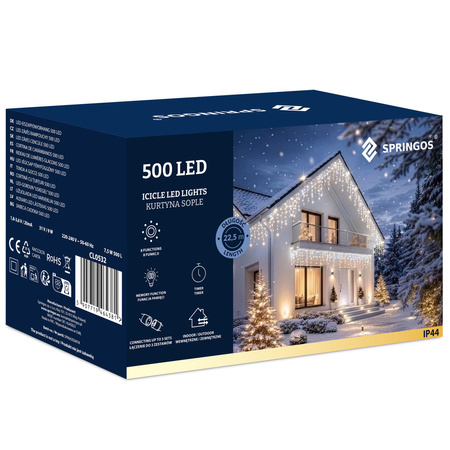 Kurtyna świetlna 500 led girlanda, lampki wewnętrzno-zewnętrzne sople zimny biały + ciepły biały flash