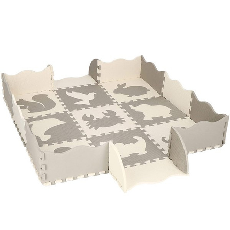 Mata piankowa 120x120 cm zwierzątka puzzle dla dzieci pianka EVA szaro-beżowa