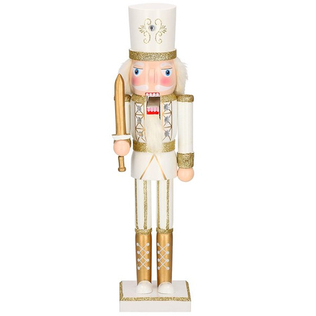 Dziadek do orzechów 38 cm z mieczem, ozdoba świąteczna, figurka drewniany żołnierzyk kremowo-złoty