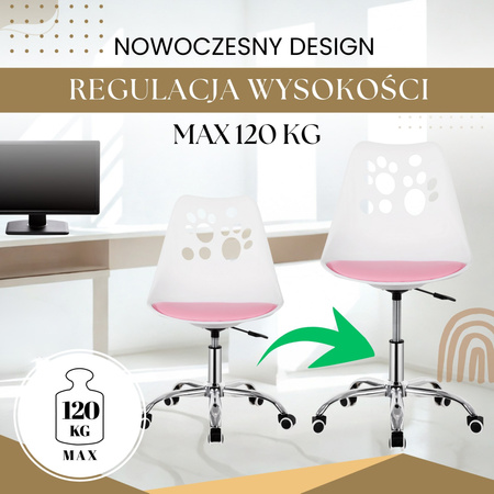 Krzesło obrotowe, ergonomiczny fotel na kółkach dla dzieci, ucznia biało-różowe