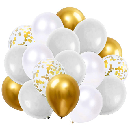 Balony 50 szt. urodzinowe na wieczór panieński, wesele białe, szare, złote, z konfetti