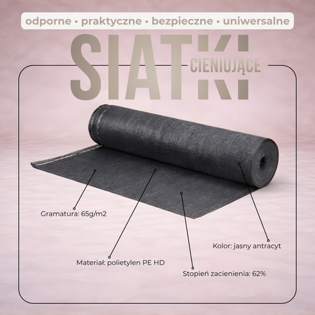 Siatka cieniująca 62% 1,5 x 25 m osłona na ogrodzenie 65g/m2 100 szt. opasek jasny antracyt
