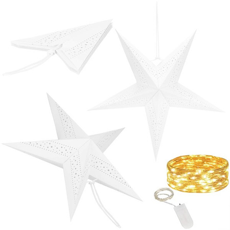 Gwiazda papierowa świąteczna biała i lampki choinkowe 10 led ciepły biały