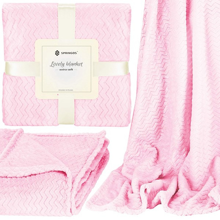 Narzuta na łóżko, koc 130x180 cm pled różowy dwustronny, tłoczony na kanapę zygzak