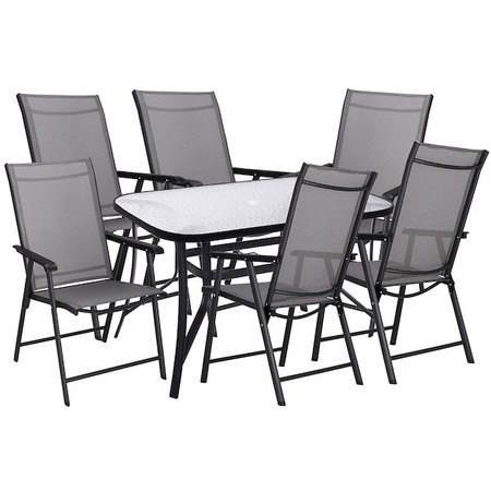 Meble ogrodowe, komplet na balkon dla 6 osób: metalowe 6 krzeseł i stół z szkła hartowanego czarno-szary