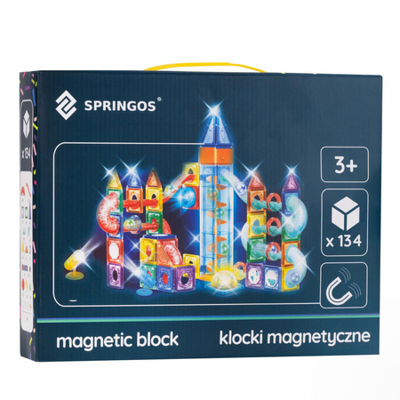 Klocki konstrukcyjne, kulki LED wieża z spiralną windą zestaw klocków magnetycznych 134 szt. kolorowe