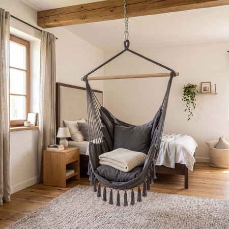 Fotel wiszący z poduszkami fotel brazylijski z frędzlami boho szary