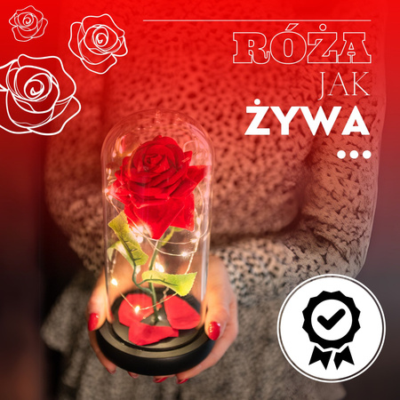 Wieczna róża w kloszu 22 cm świecąca ozdoba LED na prezent czerwona