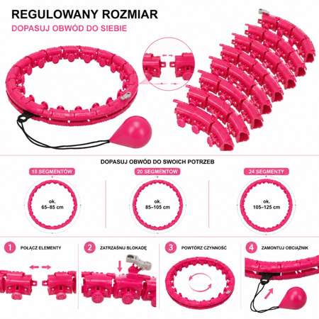 Hula hop z obciążnikiem i wypustkami masującymi 24 segmenty, regulowane, różowe