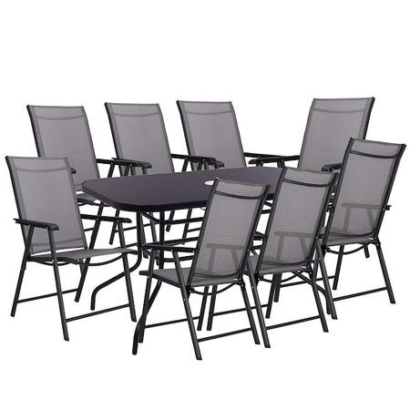 Zestaw mebli ogrodowych stół ze szkłem hartowanym, 8 krzeseł komplet na taras czarno-szary